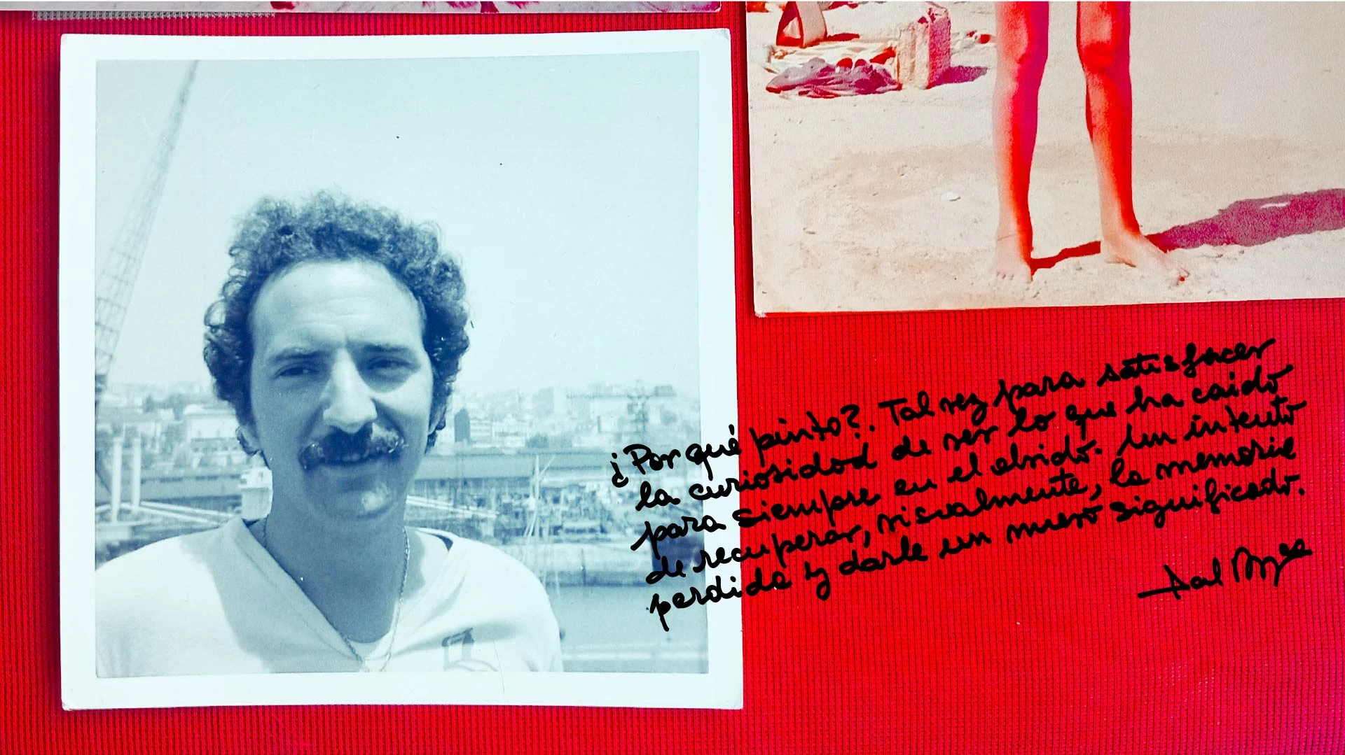 Retrato joven de Raúl Azzarini junto a una nota manuscrita